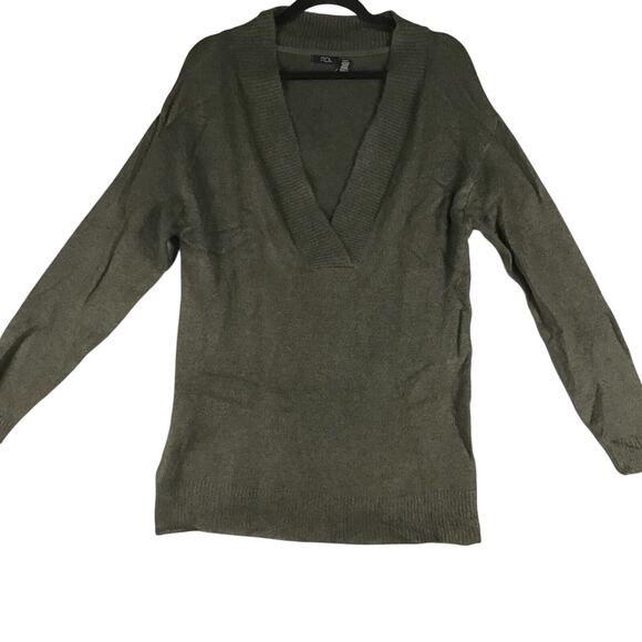 RDI Womens Small Tunic Sweater Deep V Neck Oversized Dark Green Solid NWT - Picture 1 of 12